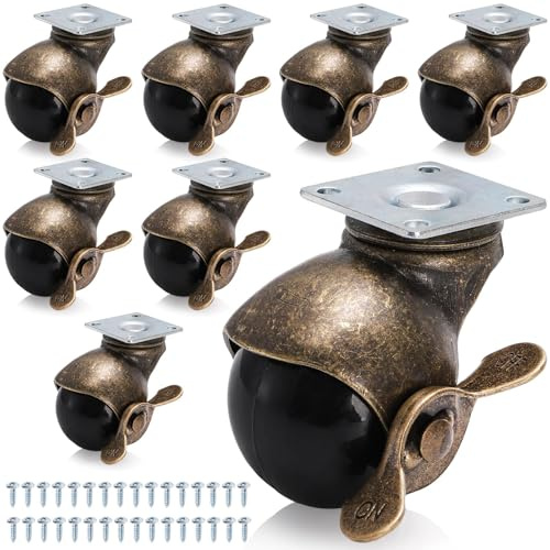 Goaste 8 Pack 2 Inch Ball Caster Wheels, Antique Brass Swivel Casters with Brakes, Vintage Spherical Ball Casters with Sockets, 360 Degree Caster Wheels for Furniture, Table, Chairs, Cabinets, Sofa