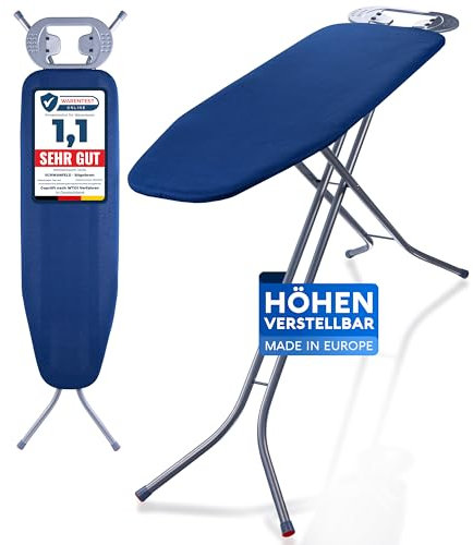 SCHWANFELD® Premium Bügelbrett 114x34cm Bügelfläche [EXTRA STABIL & HÖHENVERSTELLBAR ] - Bügelbrett für Dampfbügelstation - Bügeltisch mit rutschfesten Füßen - Ironing Board mit Ablage (Made in EU)
