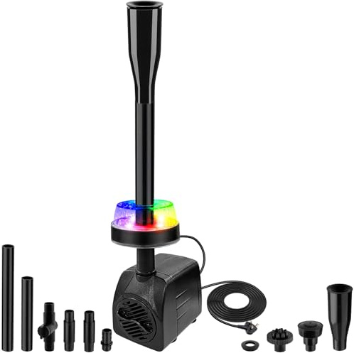 NATPOW Submersible Water Pump, 800L/H Mini Fountain Pump with 3 Colorful LED Lights, 1.5M Cable Pond Pump with Mushroom & Blossom Spray Head for Water Feature, Aquarium Fish Tank, Outdoor Fountain