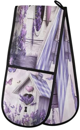 Oven Gloves Double Oven Gloves Butterfly Hut Purple Flowers Oven Mitts Pot Holder Heat Resistant Quilted for BBQ Baking Kitchen Cooking Gloves