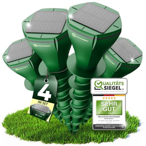 HEIMWERT Maulwurf Vertreiber Wühlmausschreck - SCHNELLE Ergebnisse mit KI Wechselfrequenz Automatik - Solar Abwehr wasserdicht und flüsterleise - auch gegen Wühlmäuse (4er Set)