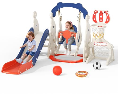 Slide per bambini ispessiti e allargati, scivolo per bambini piccoli indipendente con canestro da basket, attrezzatura per parco giochi con scivolo, scivoli all'aperto (blu rosso-6 in 1)