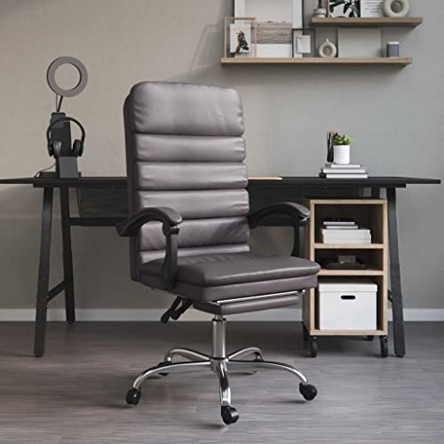LoogCape Massage-kontorsstol med liggfunktion, grå, konstläder, justerbar höjd, snurrstol med ryggstöd, armstöd, ländryggsstöd, hemmakontor, bekväm arbetsstol