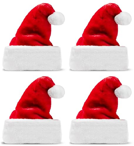 JOYIN 4 Stück Weihnachtsmützen, Rot Plüsch Nikolausmützen Weihnachtsmann Mütze Weihnacht Nikolaus für Erwachsene Kinder