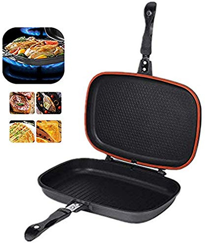 Double-sided BBQ Grill Pan, Portable Frying Pan Flip Non-stick Barbecue Cooking Tool Cookware Stove Anti-scalding Handle Skillet Cast Grill Frittata Pan for Indoor and Outdoor Cooked Chicken, Fish