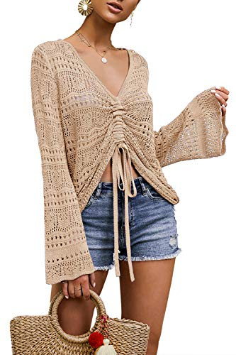 Saodimallsu Dam Boho Off Shoulder Sheer magtoppar Bell ärm blommig överdimensionerad virkad rynkad pullover tröjor, Aprikos, XL