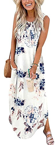 AUSELILY Damen Sommer Blumen Maxikleid Ärmellos Strandkleider Lose Lang Rundhals Hemdkleid mit Schlitz Blumen Weiß XL
