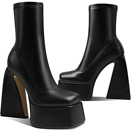 Uacllcau White Platform Boots for Women Ankle Booties Square Toe Chunky High Heel Boots Side Zipper Mid Calf Boots