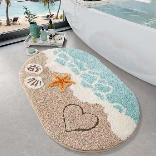 LUMI Soft and Absorbent Beach Bathroom Rug, Non-Slip Backing, Ideal for Bathroom, Kitchen and Entryway Decor, Sea Beach Starfish Shell Bath Decor, Blue, 22x34
