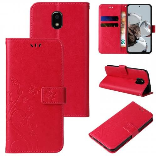 LBH Handy Hülle für Samsung Galaxy J5 (2017) Case Handytasche Schmetterling Blumen Flower Standfunktion Schutzhülle Magnet Rundum Schutz 360 Grad Flipcase Cover Rot
