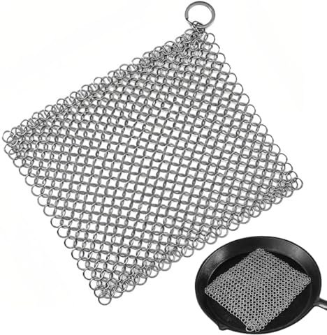 Nettoyeur de fonte pour Dutch Oven, 13 * 13 CM Nettoyant Anneau, Cotte de Maille Éponge, Brosse a Recurer en Acier Inoxydable Nettoyant pour Casseroles, pour Wok, Rôtissoire, Grille, Poêle