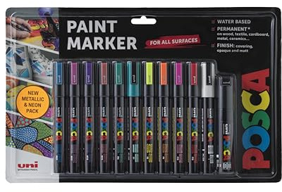 Posca PC-5M Medium Tip Acrylic Paint Marker Pens, 12 Metallic Colours, For All Surfaces (Pack of 12 Pens)