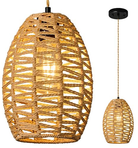 ZPBSJ Braune Rattan Pendelleuchte Kücheninsel Hängeleuchten Höhenverstellbar Boho Lampe E27 Hängelampe Korblampe für Bauernhaus Wohnzimmer (1Pack)