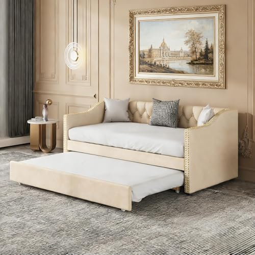 PerGar Dagssäng, utdragbar bäddsoffa 90/180 x 200 cm, stoppad bäddsoffa, ungdomssäng med ribbotar, multifunktionssäng, gästsäng, sängstruktur, linnetyg (beige)