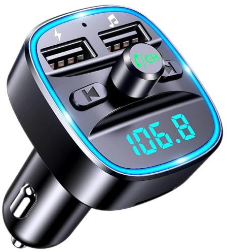 Bluetooth 5.0 FM Transmitter for Car – Wireless Radio Adapter Car Kit with Dual USB Fast Charging, Hands-Free Calling, TF Card & USB Drive Support