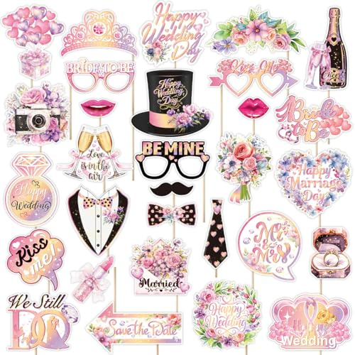HOWAF 30 Pcs Wedding Photo Props Kit, Wedding Photo Booth Props, Engagement Party Props Funny Selfie Props for Bachelorette Party, Hen Party, Bridal Shower, Wedding Party Decorations Accessories