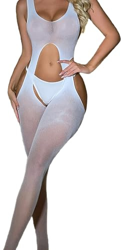 ROSVAJFY Women Sexy Body Stocking, Elastic Hollowing U Back Mesh Bodysuit Lingerie for Anniversary, Club, Halloween (White, One Size)
