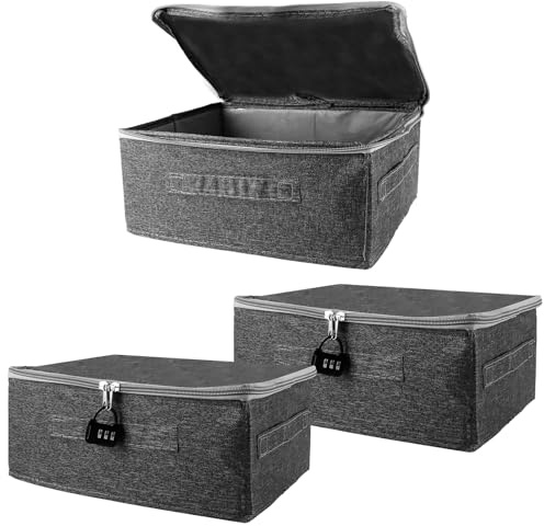 CYEER 3er Set Abschließbare Aufbewahrungsbox mit Schloss (30x20x14cm) – Faltbare Stoffbox mit Deckel & Griffen – Stapelbare Kiste für Kleidung, Dokumente, Spielzeug & Wertsachen – Grau