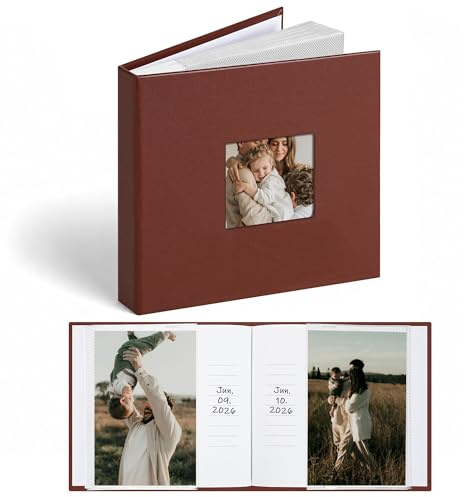 Vienrose Album Fotografico 6x4, Copertina in Ecopelle con Finestra e Spazio per Scrivere 48 Tasche a Inserto, Regalo per Matrimonio, Anniversario, Battesimo, Libro Ricordi Foto di Famiglia, Marrone