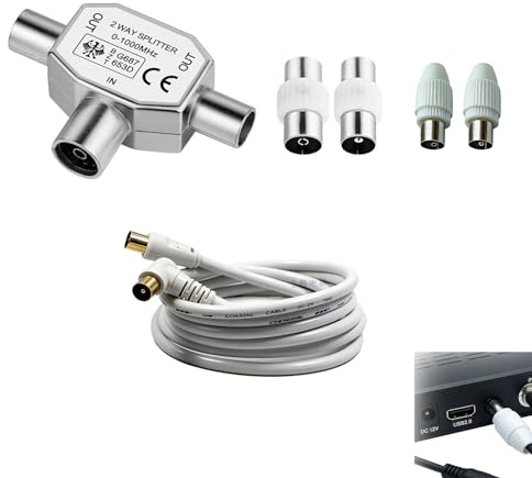 Verazquy TV Aerial Splitter 2 Way 1 Male to 2 Female Coaxial Digital Signal Antenna Splitter with Metal Housing and TV Aerial Connectors Adaptor Kit