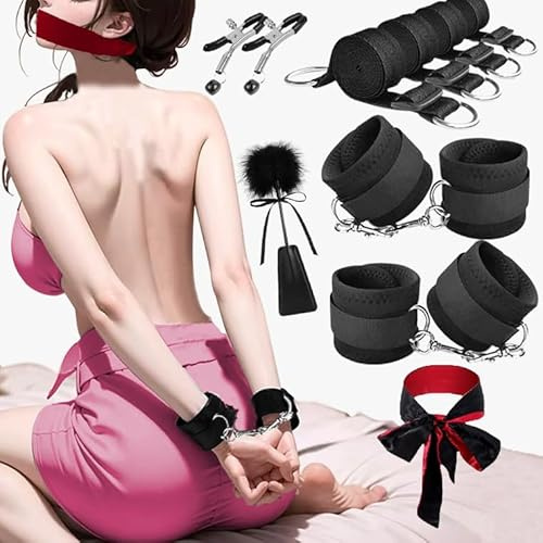 Manette In Pelle Di Alta Qualità Accessori Coppia con Manette - Manette Giocattolo Manette Regolabili Maschera per gli occhi per Coppie (Black)