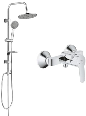 Belvit GROHE BauEdge Einhand Duschset, Chrom Grau | SmoothControl Keramikkartusche 46 mm, Regendusche 20 x 20 cm, Handbrause 3 Strahlarten, Duschstange 85 cm
