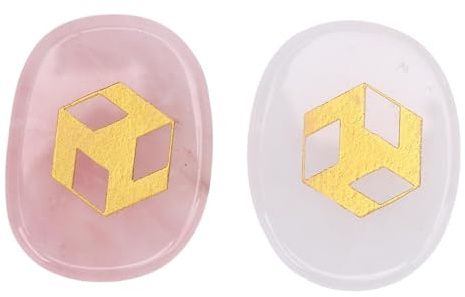 Chakra Stones Set med 2 |Ristade kristallstenar med graverade symboler för dekoration av fiskburkar |Vit & rosa inspirerande presentidé
