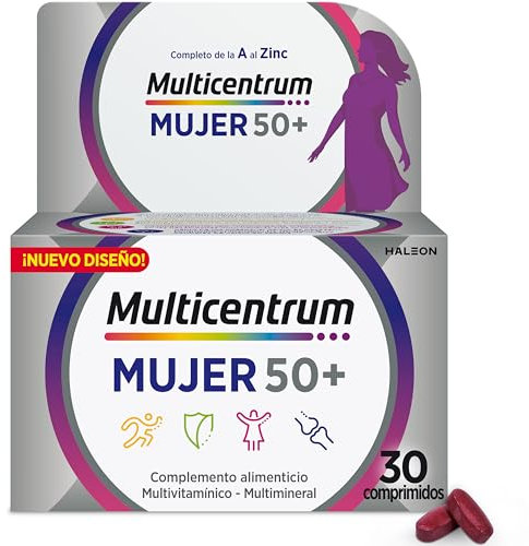 Multicentrum Mujer 50+ Complemento Alimenticio Multivitamínico y Multimineral Para Mujeres 50+, Con Magnesio, Vitamina C y Zinc, Postmenopausia, Sin Gluten, 30 Comprimidos