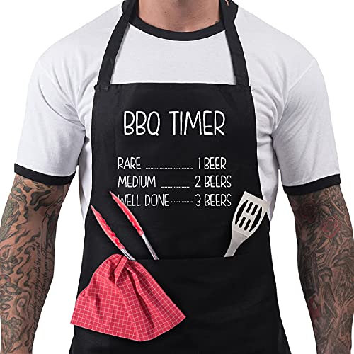 BBQ Aprons for Men, Funny Cooking BBQ Apron in 100% Cotton, Adjustable with 2 Pockets, Birthday, Christmas, Cooking Gifts for dad, chef, husband, him - BBQ Timer - Black