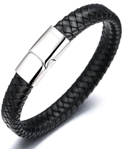 HALUKAKAH Kids ● Solo Junior ● Boy's Genuine Leather Bracelet Classic Black 6-12 Y/O. Titanium Magnetic Clasp 7/18cm,Free Giftbox