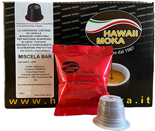 Capsule Caffè Compatibili – 50 Capsule Compatibili per macchine Nespresso* Hawaiimoka Torrefazione dal 1987 - Caspule di Caffè per Macchinetta Compatibile Miscela Bar