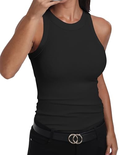 GEMBERA Womens Sleeveless Racerback High Neck Basic Ribbed Knit Fitted Tank Top Black XL