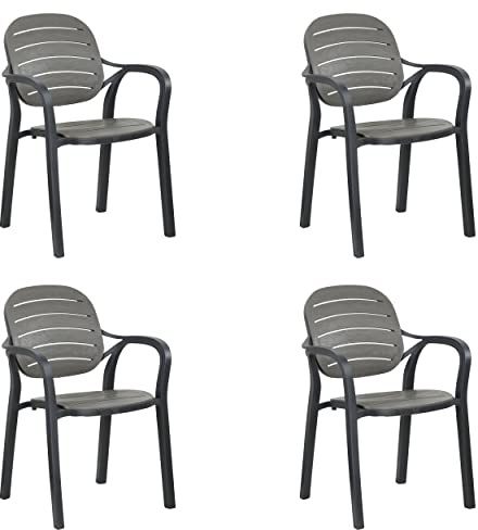 Totò Piccinni Sedia Poltrona NADIA con Braccioli in polipropilene design impilabile effetto legno (4 Sedie, Antracite/Marrone)
