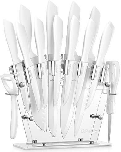 D.Perlla Set Coltelli, Bianco Coltelli da Cucina 16 Pezzi, Lama con Rivestimento Antiaderente, Ceppo Coltelli con Blocco in Acrilico, Acciaio inossidabile ad alto tenore di carbonio, Niente Ruggine