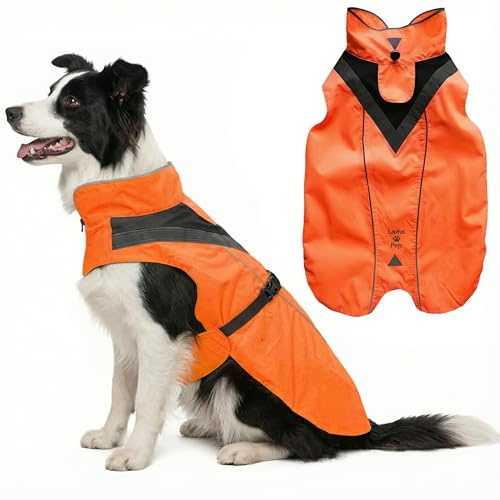 Lautus Pets Waterproof Dog Raincoat - Reflective, Bright Orange Rain Coat with Leash Hole (L, Orange)