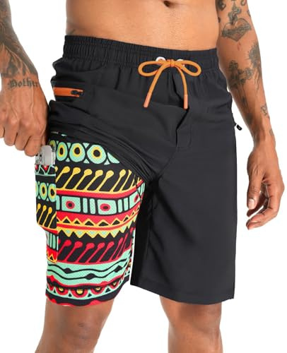 APTRO 2 in 1 Men's Swim Trunks 9 with Zipper Pockets Bathing Suit Multicolor 1X