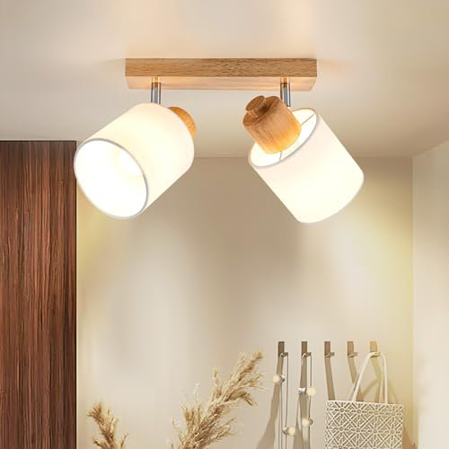 Doughelec Plafoniera Lampada da Soffitto 2 Faretti Orientabili, Legno Faretti da Soffitto Faretto da Parete Vintage Plafoniera 2 Luce E14 Muro per Soggiorno Cucina Cameretta, Lampadina Non Inclusa