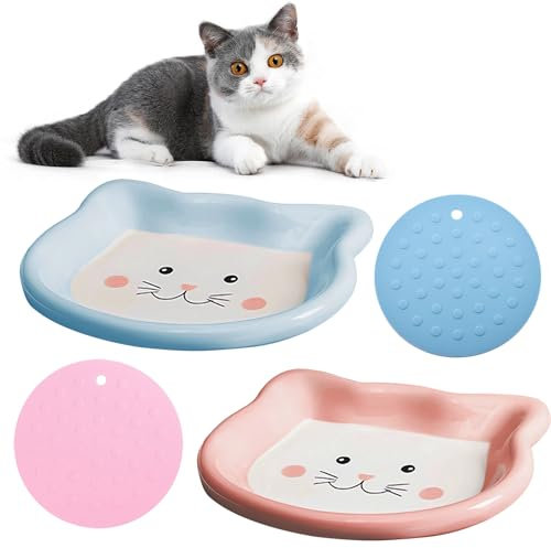 GIGIIS Katzennapf Keramik 2 Stück Futternapf Katze Napf rutschfest Set Katzennäpfe Breiter und Flacher Katzenfutternapf zur Linderung von Ermüdung der Schnurrhaare mit 2 Stück Antirutschmatten