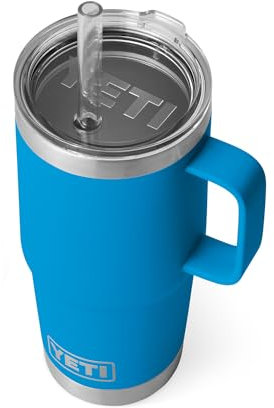 YETI Rambler 25 oz Tumbler with Handle and Straw Lid, Travel Mug Water Tumbler, Vacuum Insulated Cup with Handle, Stainless Steel, Big Wave Blue