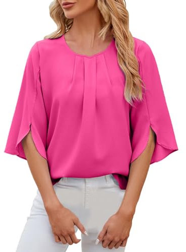 Blusa de gasa para mujer, lisa, sin cuello, de cinco piezas, hombros largos, camisa informal para mujer, estilo aeróbico, manga de trompeta, camiseta de manga 3/4, elegante parte superior para mujer,