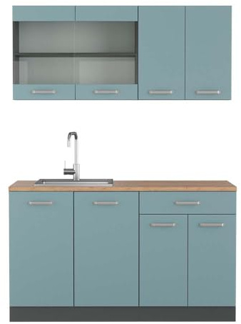 Vicco Küchenzeile R-Line, Blau-Grau, 140 cm, AP Eiche, zur flexiblen Erweiterung mit weiteren Modulen geeignet