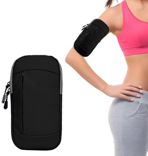 Running Phone Holder Armband with Zipper Pockets, Water Resistant Universal Exercise Double Pocket Arm Phone Holder Fits All Devices Up To 6.7”, Running Accessories for Adult Women & Men (Black)