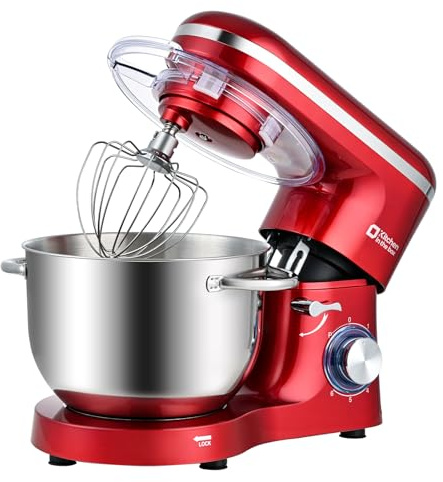 Kitchen in the box Küchenmaschine, 6,2 L Knetmaschine 1400 W, 6 Geschwindigkeits Teigmaschine mit Rührhaken, Knethaken, Schneebesen, Rot