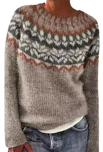 Jersey de Lana para Mujer Elegante Suéteres Cuello Alto/Cuello Redondo Oversize Tejido Noruego Curvy Jersey Suéter con Ajuste Cómodo para Casa Top T-Shirt Suave Otoño Invierno, verde caqui, XL