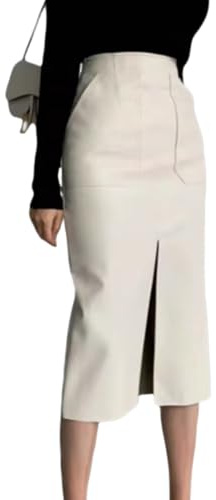 RSBFK Gonna aderente da donna a vita alta in ecopelle con tasche gonna lunga slim fit a matita midi, bianco, M