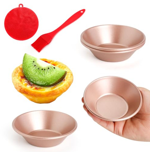 Quyimy 3 Inch Egg Tart Molds Set of 4, Carbon Steel Mini Tart Pan Non-Stick Tartlet Pans, Includes Oil & Dish Brushes for Baking Cupcake Cake Muffin Mold Tin Pan for Cakes, Cookies, Desserts