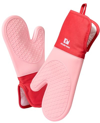 Kitchen Mama 2PCS UltraShield Silicone Oven Gloves Heat Resistant – Non-Slip, Stain-Resistant, Food-Grade Silicone Kitchen Gloves & Pot Holders for Baking, Grilling, Triple-Layer Oven Mitts (Red)