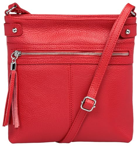 Caspar mittelgroße Leder Crossbody Messenger Bag Umhängetasche klassisch sportliche Damen Tasche - CLASSIC LINE - Modell No.825 - Made in Italy, Farbe:rot