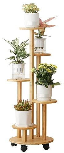 RMNKTHC Estantería de bambú para flores con ruedas, 5 niveles, capacidad de carga de 20 kg, material natural resistente al agua, fácil montaje para salón, balcón, dormitorio (color madera)