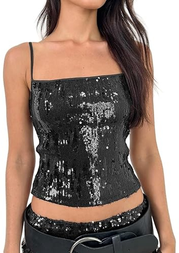 Women Y2k Sequin Glitter Camisole Spaghetti Strap Sparkly Slim Fit Tops Sexy Going Out Party Clubwear Tops(Black,S)
